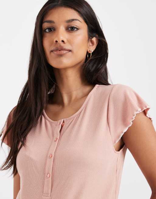 Mamalicious - Ensemble de pyjama de grossesse et d'allaitement avec short et top à bords ondulés - Beige, 3 de 4