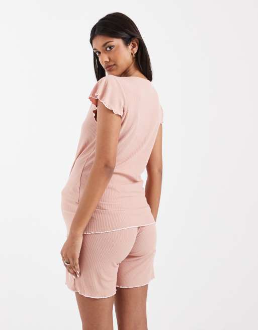 Mamalicious - Ensemble de pyjama de grossesse et d'allaitement avec short et top à bords ondulés - Beige, 4 de 4