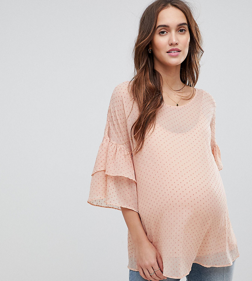 Mamalicious Flocked Woven Top With Frill Sleeve-Pink
