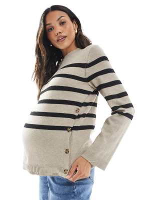 Mamalicious - Gestreifter Strickpullover in Beige und Schwarz mit geknöpfter, seitlicher Stillfunktion-Neutral