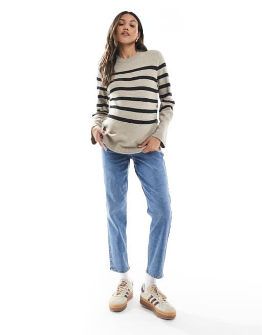 Mamalicious – Gestreifter Strickpullover in Beige und Schwarz mit geknöpfter, seitlicher Stillfunktion, 2 von 4