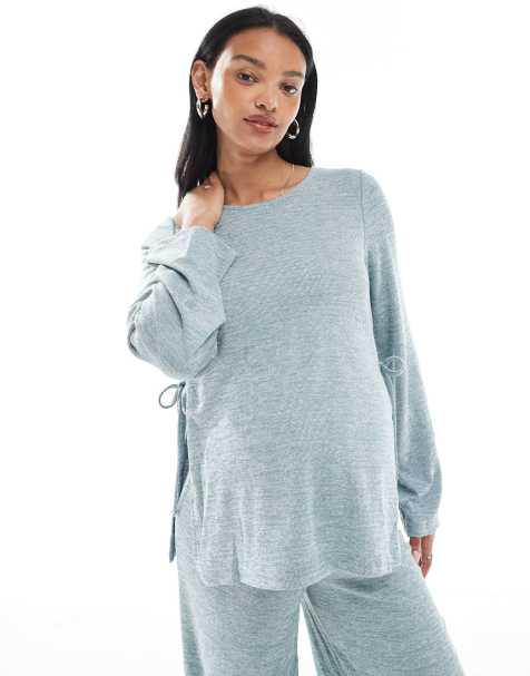 Mamalicious slubby knit split side top co-ord in pale blue melange