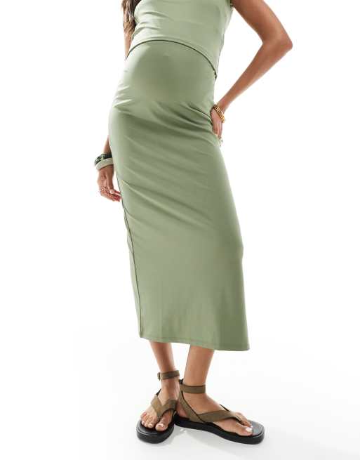 Mamalicious jersey midi skirt co-ord with size split detail in lichen green, 4 of 5