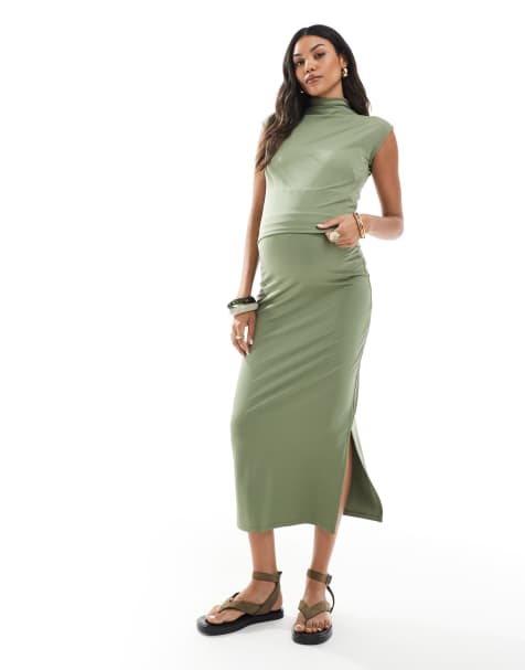 Mamalicious jersey midi skirt with size split detail in lichen green - part of a set - view 1