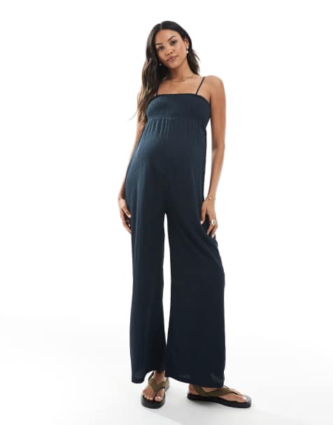 Mamalicious - Jumpsuit met wijde pijpen en bandjes in marineblauw - view 1
