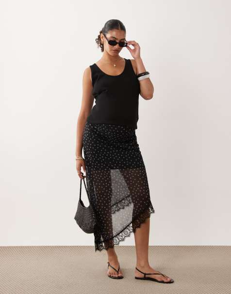 Mamalicious - Jupe de grossesse asymétrique en satin à pois et bords en dentelle - Noir et blanc - view 1