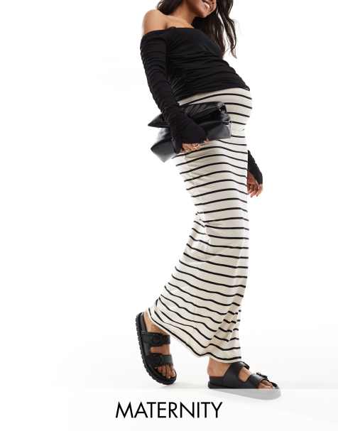 Mamalicious - Jupe longue de grossesse recouvrant le ventre en jersey rayé - Crème - view 1