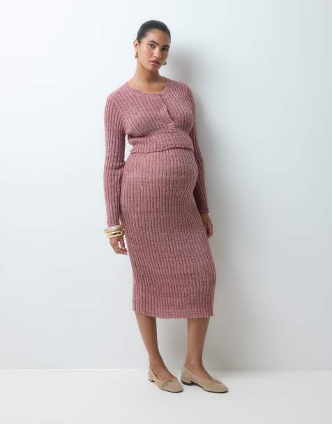 Mamalicious jupe midi de grossesse en maille côtelée, ensemble coordonné, rose taupe chiné - view 1