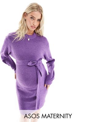 Mamalicious knitted tie waist midi dress in purple