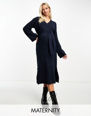 Mamalicious knitted wrap midi dress in navy blue