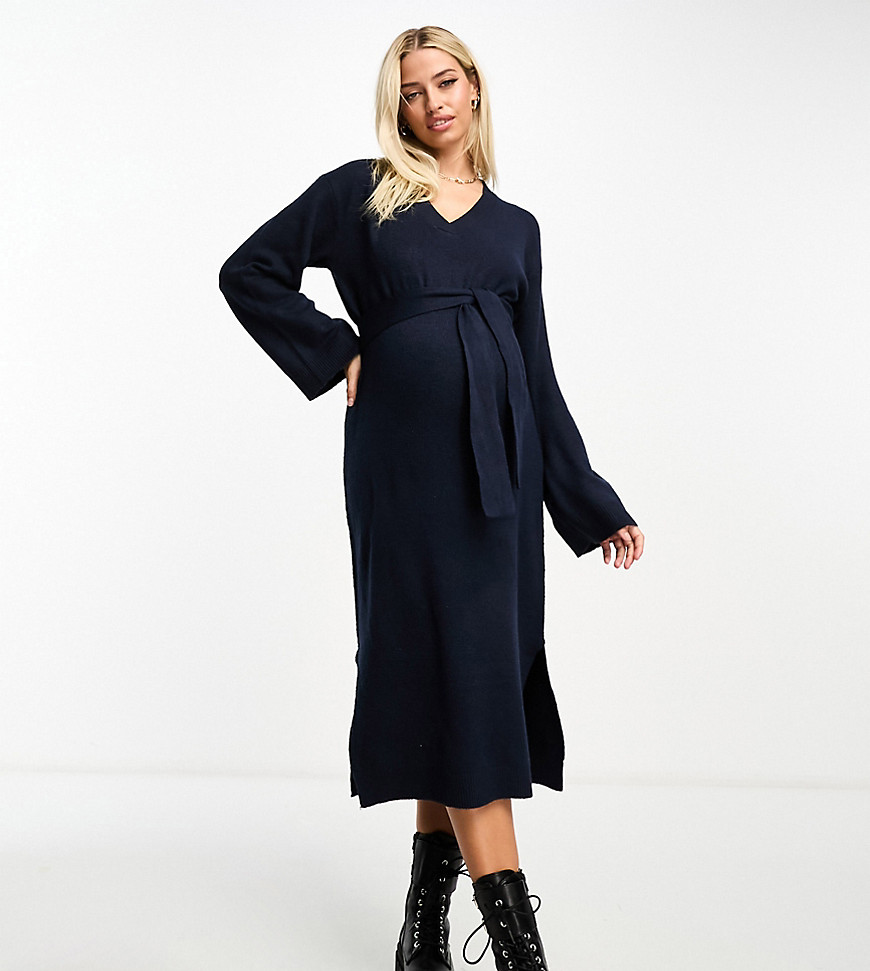 Mamalicious knitted wrap midi dress in navy blue