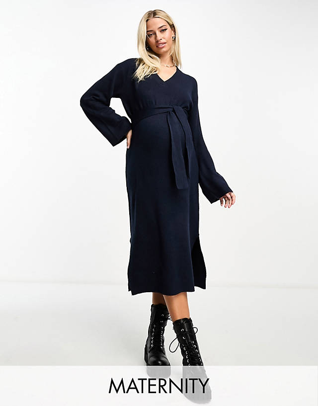 Mama.licious - Mamalicious knitted wrap midi dress in navy blue