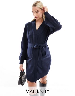 Mamalicious knitted wrap mini dress in navy blue