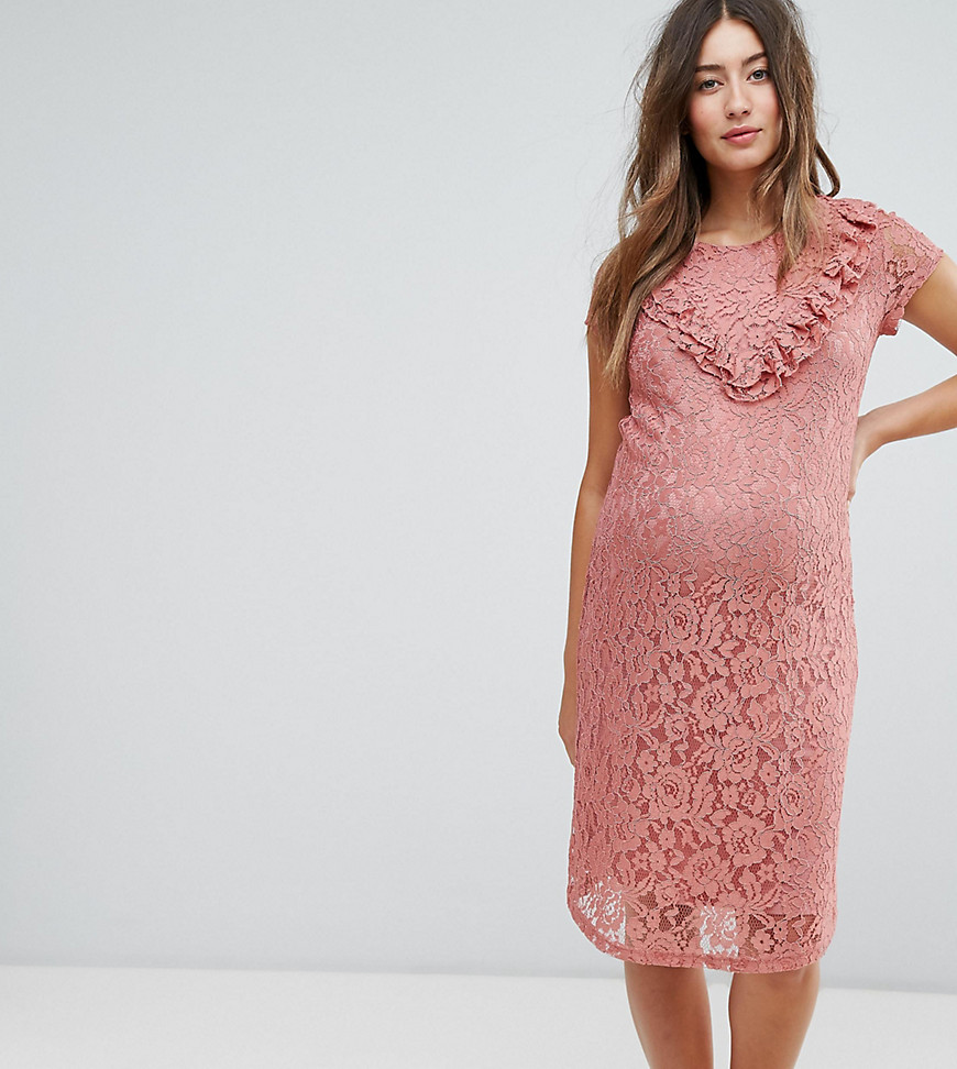 Mamalicious lace midi dress with frill sleeve in pink