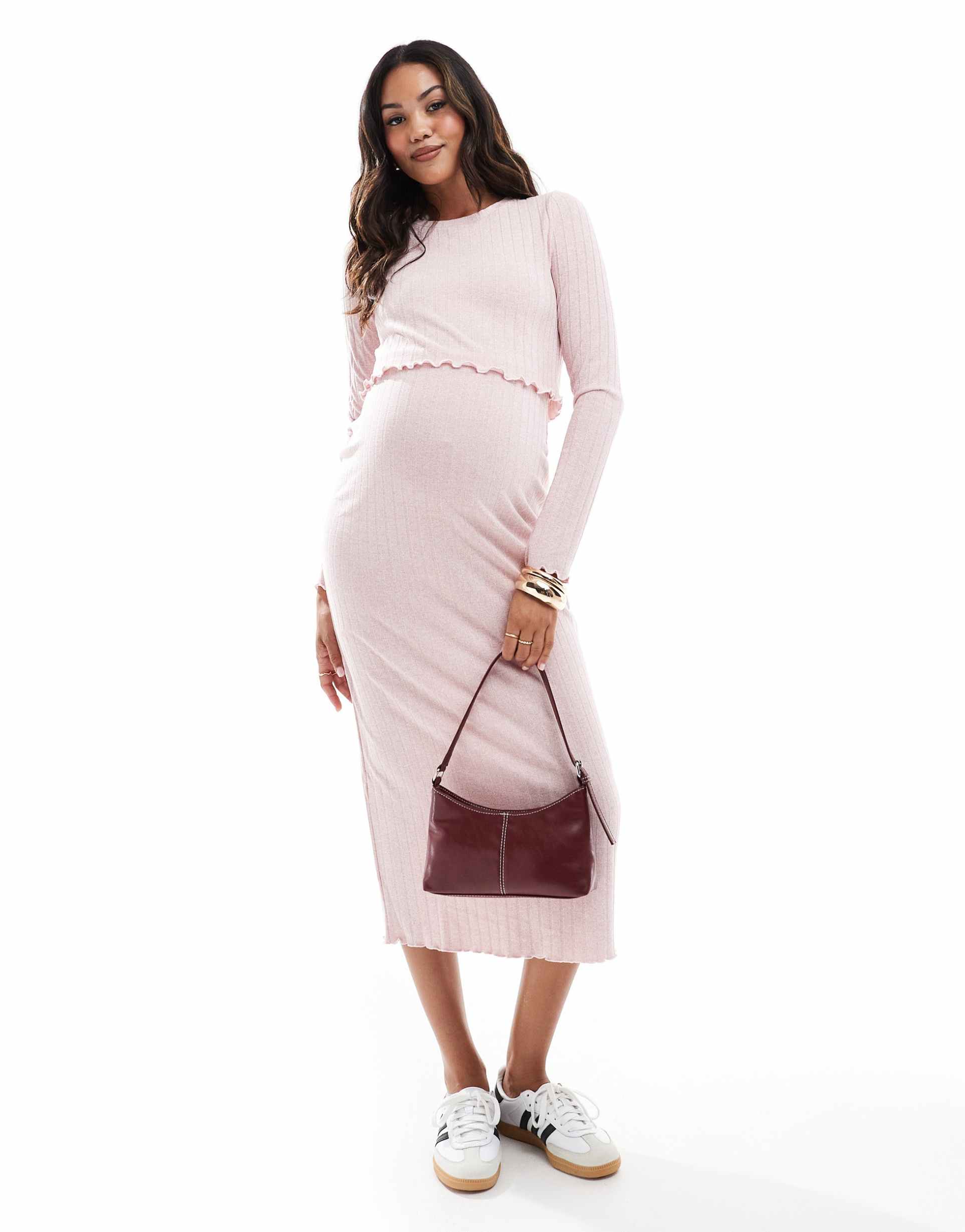 mamalicious long sleeve ribbed crop top in soft pink - part of a set