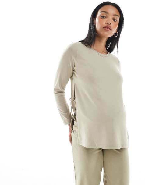 Mamalicious long sleeve side split top co-ord in beige - view 1