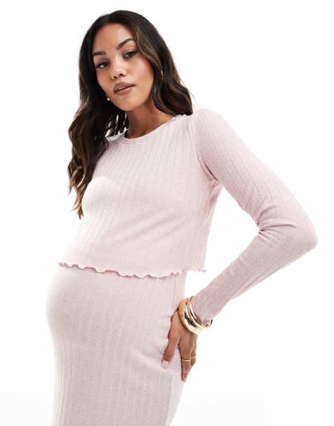 Mamalicious long sleeved ribbed cropped top co-ord in soft pink - view 1
