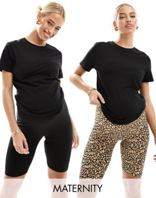 Mamalicious - Lot de 2 shorts leggings avec ceinture recouvrant le ventre - Noir et léopard | ASOS