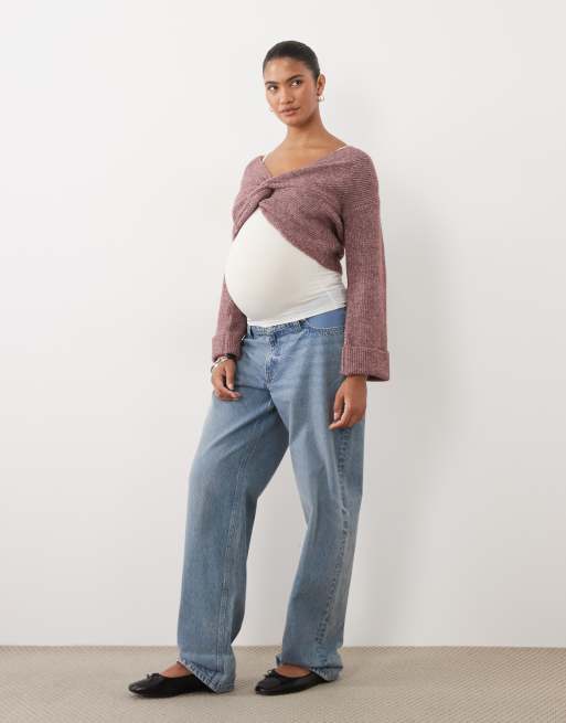 Mamalicious Maternity 2 function cropped jumper with scrunch detail in burgundy melange, 4 of 4