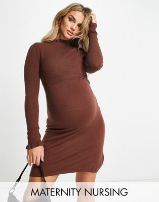 Mamalicious Maternity 2 nursing function frill neck knitted mini dress in brown