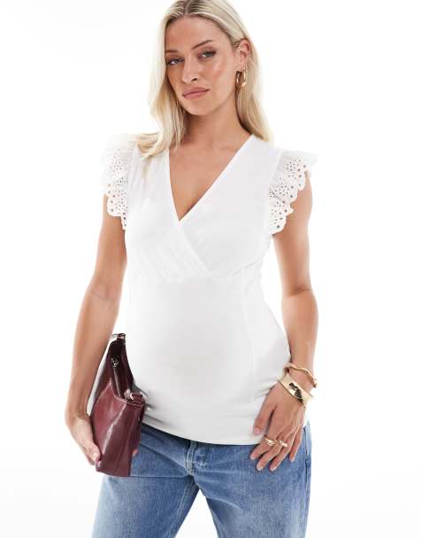 Mamalicious Maternity 2 function jersey top with broderie sleeve detail in white - view 1
