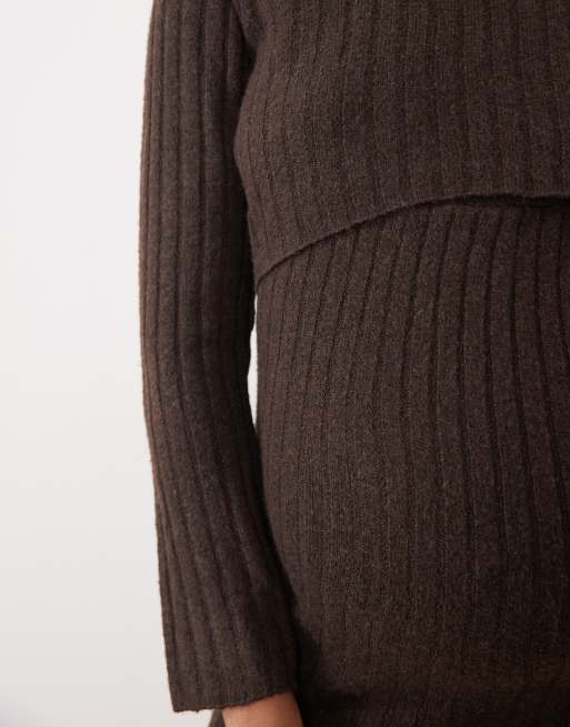 Mamalicious Maternity 2 function knitted long sleeve mini dress in chocolate brown, 4 of 4