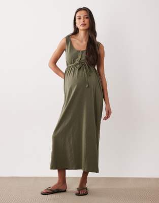 Mamalicious Maternity 2 function nursing button through maxi sundress in dark khaki-Green