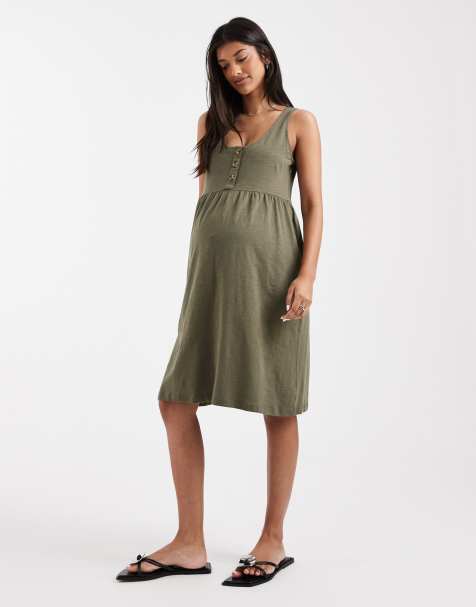 Mamalicious Maternity 2 function nursing button through mini sundress in dark khaki - view 1