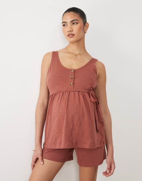 Mamalicious Maternity 2 function nursing button through top and shorts set in burgundy - view 1