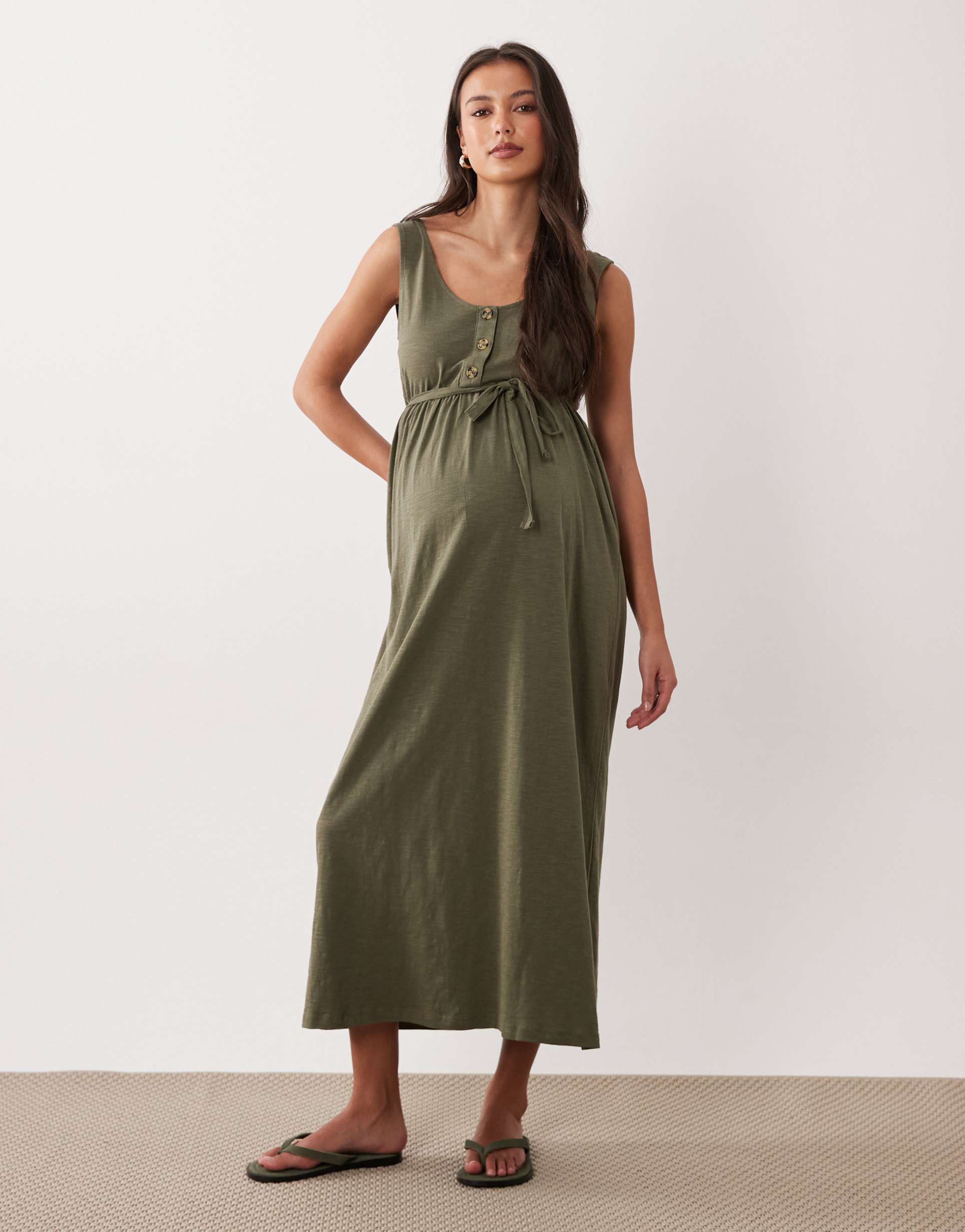 mamalicious maternity 2 function nursing button up maxi sundress in dark khaki