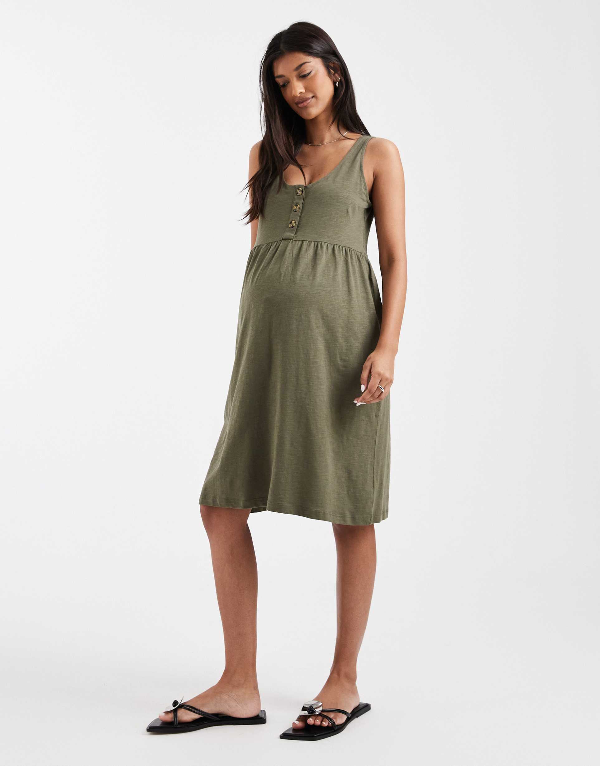 mamalicious maternity 2 function nursing button up mini sundress in dark khaki