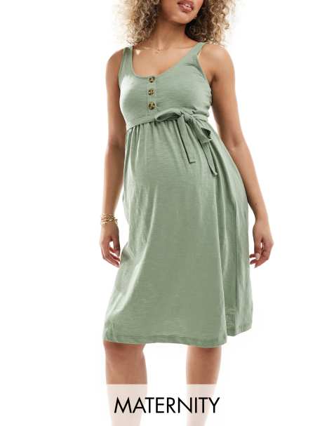 Mamalicious Maternity 2 function nursing button up mini sundress in sage green - view 1