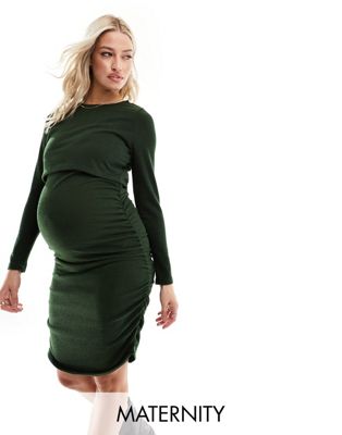 Mama.licious Mamalicious Maternity 2 Function Nursing Ruched Side Midi Dress In Dark Green