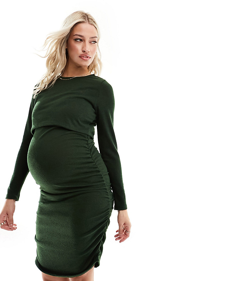 Mamalicious Maternity 2 function nursing ruched side midi dress in dark green