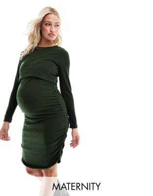 Mamalicious Maternity 2 function nursing ruched side midi dress in dark  green