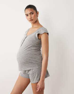 Mama.licious Mamalicious Maternity 2 Function Nursing Top And Shorts Pajama Set In Gray