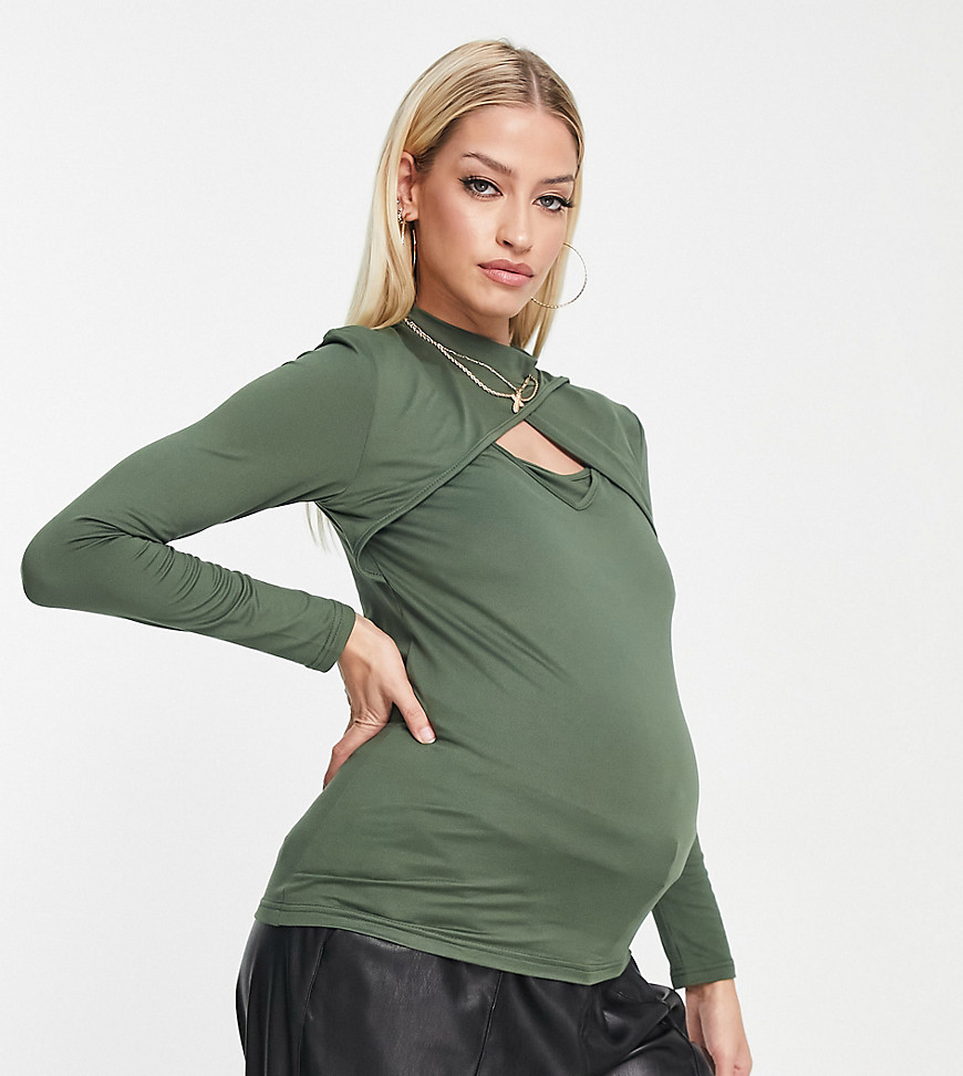 Mamalicious Maternity 2 in 1 functional long sleeve top in khaki-Green