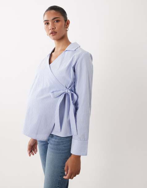 Mamalicious Maternity 2-in-1 overhemd met strik aan de zijkant in lichtblauwe strepen - view 1