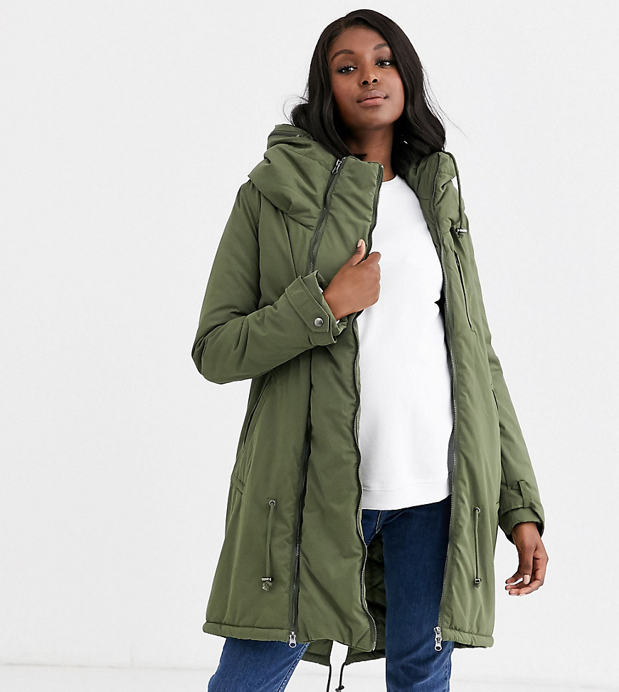 Mamalicious Maternity 2 in 1 padded coat with post birth functionality in khaki-Green