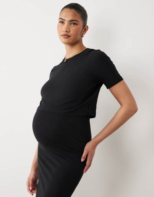 Mamalicious Maternity 2 pack basic jersey crop t-shirt and midi skirt set in black, 2 of 4