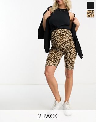 Mamalicious Maternity 2 pack legging shorts in black and animal print