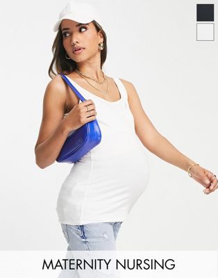 Mamalicious Maternity 2 pack nursing vest tops in black and white