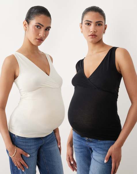Mamalicious Maternity 2 pack nursing wrap front tank tops in black and cream - view 1
