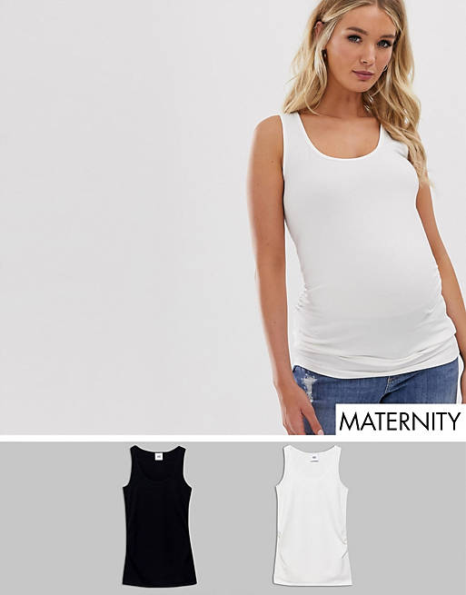 Mamalicious Maternity 2 pack organic cotton vest in black and white
