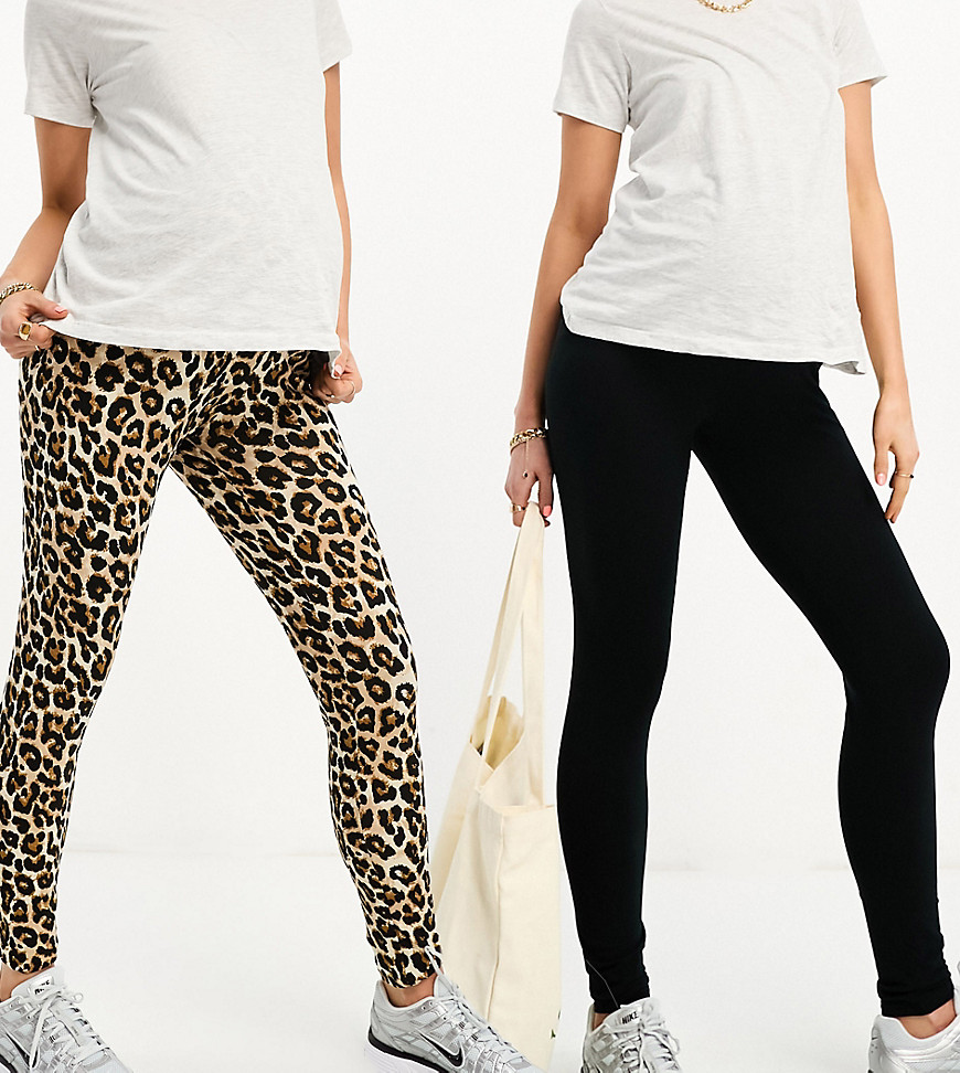 Mama.licious Mamalicious Maternity 2-pack over-the-bump leggings in black and leopard print