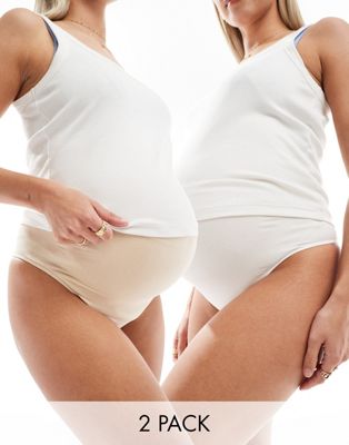 Mamalicious Maternity 2 pack over the bump thong in white and beige