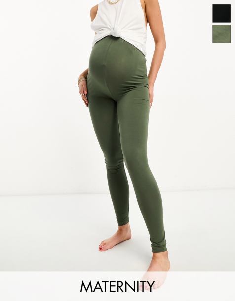 Mama.licious Maternity – 2er-Pack Leggings aus Baumwolle in Schwarz und Khaki - view 1