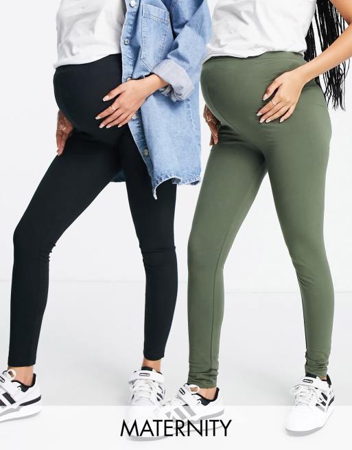 Mamalicious Maternity – 2er-Set Leggings in Schwarz und Khaki