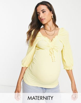 Mamalicious maternity 3/4 length sleeve ruched front jersey top in pale yellow