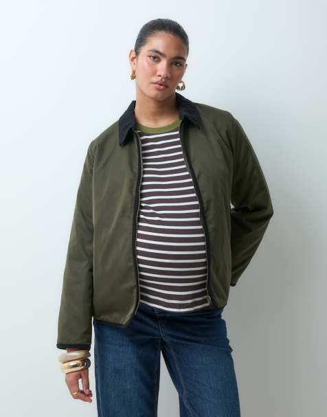 Mamalicious Maternity 3-in-1 barn jacket with cord collar in dark green - view 1